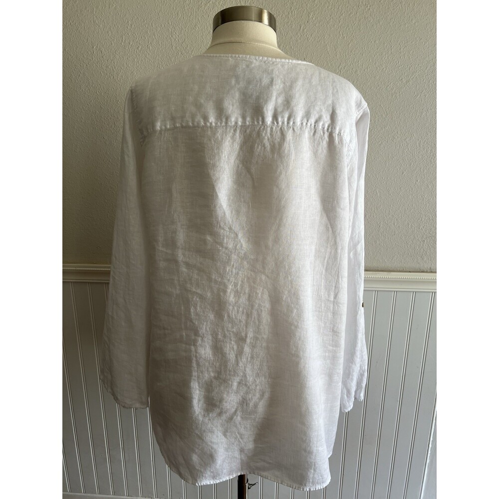 Tahari 100% Linen Long Sleeve Roll Tab Tunic Blouse Lagenlook Crisp White 1X - Picture 3 of 10